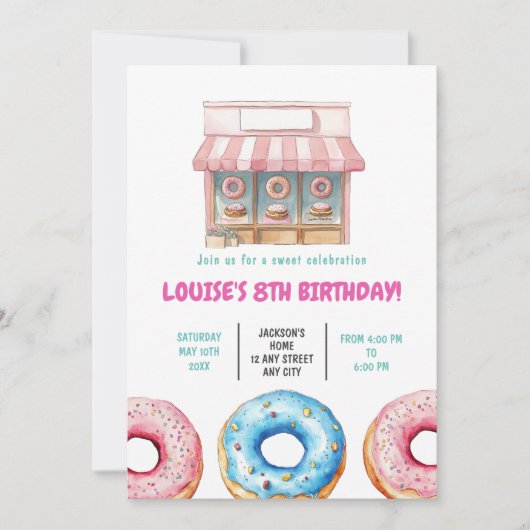 ドーナッツスイートバースデーパーティーピンクパステルガール 招待状 (正面)