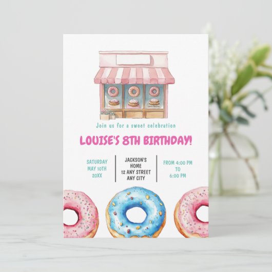 ドーナッツスイートバースデーパーティーピンクパステルガール 招待状 (スタンド正面)