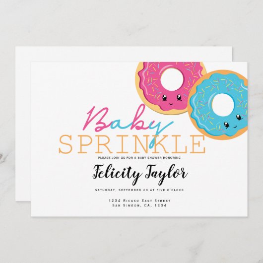 ドーナッツバベビーシャワーブルーピンクの双子 案内状 (正面/裏面)