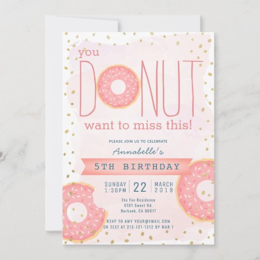 ドーナッツピンクx金ゴールドガール誕生日 招待状 (正面)