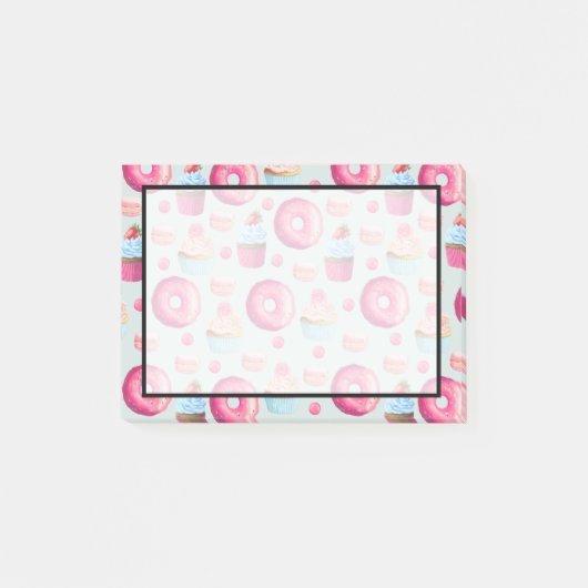 ドーナッツマカロンとカップケーキの水彩柄 ポストイット (正面)