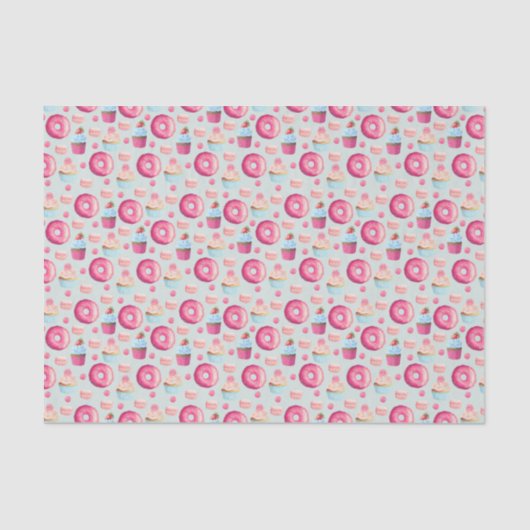 ドーナッツマカロンとカップケーキの水彩柄 薄葉紙 (正面)