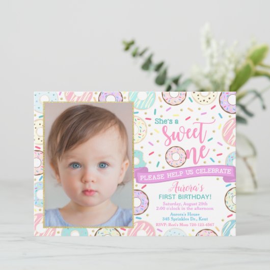 ドーナットフォト誕生日招待状スウィートワンパーティー 招待状 (スタンド正面)
