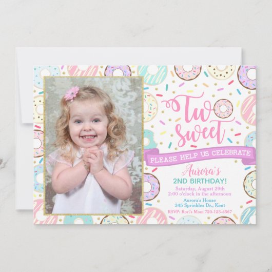 ドーナットフォト誕生日招待状ツスウィートパーティー 招待状 (正面)