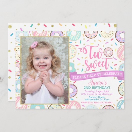 ドーナットフォト誕生日招待状ツスウィートパーティー 招待状 (正面/裏面)