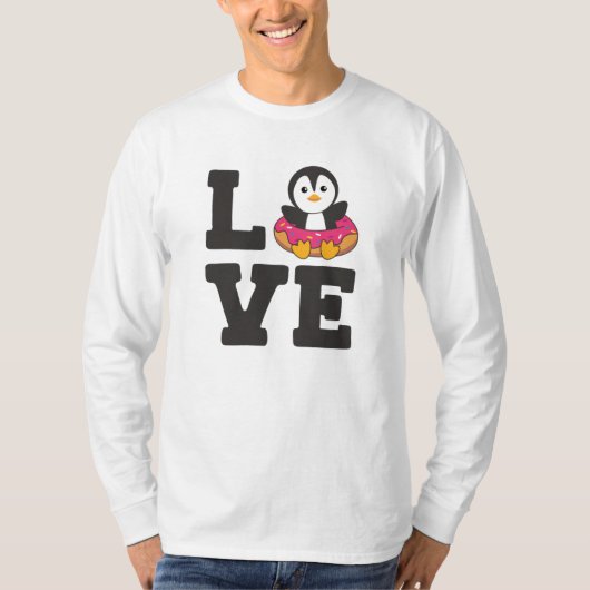 ドーナツおもしろいピンクの可愛いペンギン Tシャツ (正面)