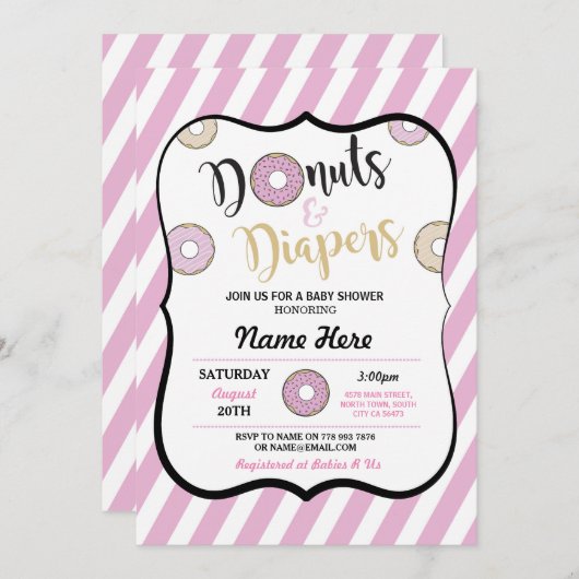 ドーナツおよびおむつのピンクの女の子のベビーシャワーの招待 招待状 (正面/裏面)