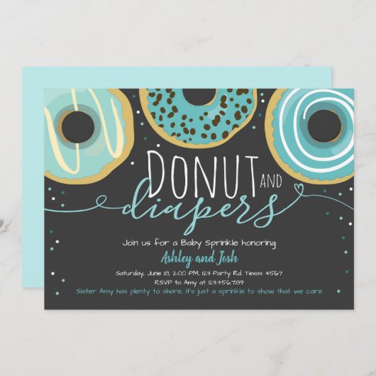 ドーナツおよびおむつは男の子の男女共学のベビーシャワーを振りかけます 招待状 (正面/裏面)