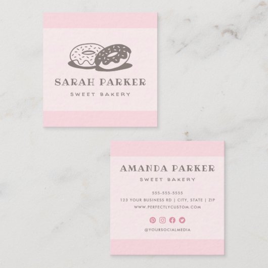 ドーナツお洒落パン焼きピンクかわいい スクエア名刺 (正面/裏面)