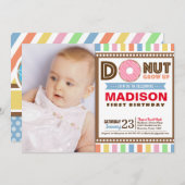 ドーナツが最初の誕生日パーティーの写真を成長 招待状 (正面/裏面)