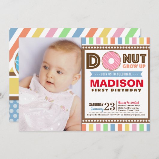 ドーナツが最初の誕生日パーティーの写真を成長 招待状 (正面/裏面)
