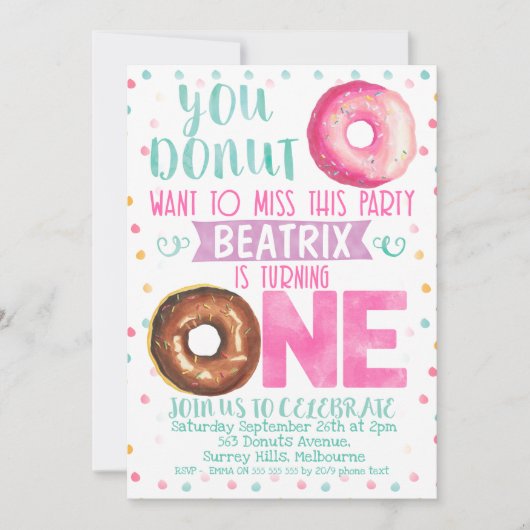 ドーナツこの恋しく思1歳の誕生日招待状 招待状 (正面)