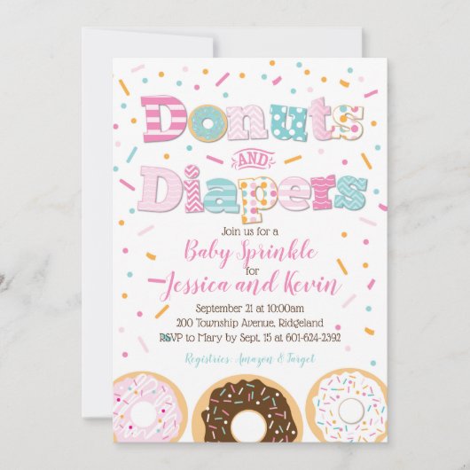 ドーナツとおむつの女の子が散るかシャワー 招待状 (正面)
