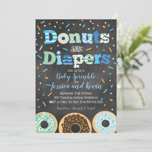ドーナツとおむつの男の赤ちゃんスプリンク 招待状 (スタンド正面)