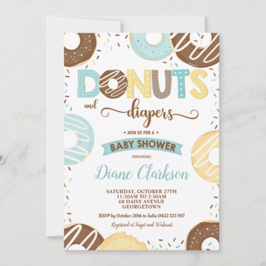 ドーナツとおむつベビーシャワー男の赤ちゃんドーナツ 招待状 (正面)