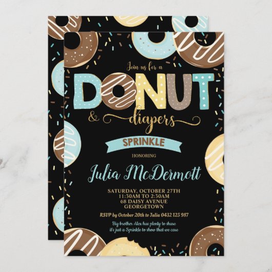 ドーナツとおむつベビー振りかける赤ちゃんシャワー少年 招待状 (正面/裏面)