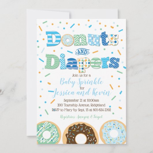 ドーナツとおむつ男の赤ちゃん散水またはシャワー 招待状 (正面)