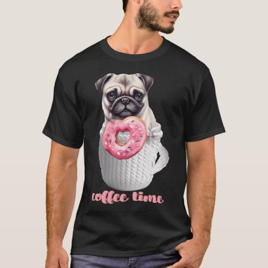 ドーナツとカップのプグ: コーヒータイム Tシャツ (正面)