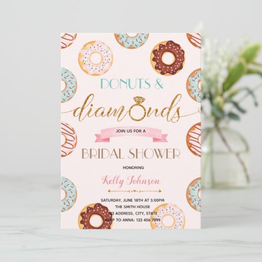 ドーナツとダイヤモンドのブライダルシャワーパーティーカード 招待状 (スタンド正面)