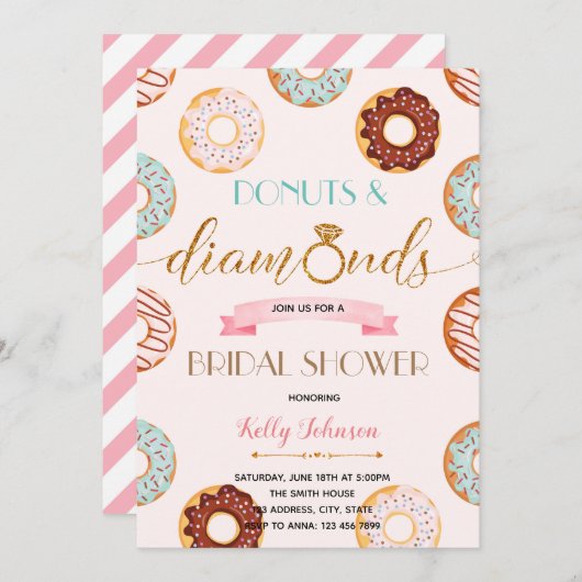 ドーナツとダイヤモンドのブライダルシャワーパーティーカード 招待状 (正面/裏面)