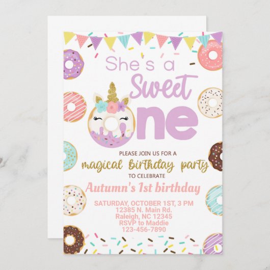 ドーナツとユニコーンの女の子の誕生日の招待。 招待状 (正面/裏面)