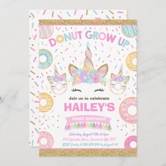 ドーナツとユニコーンの招待状 ドーナツの成長パーティー 招待状 (正面/裏面)