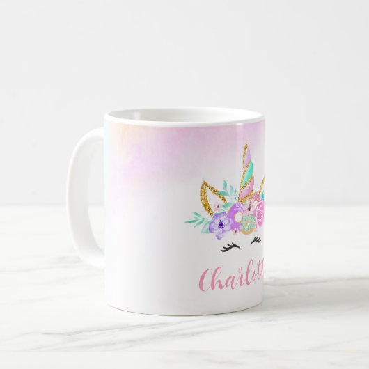 ドーナツとユニコーンパーソナライズされた コーヒーマグカップ (正面左)