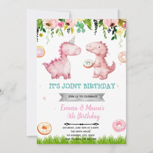 ドーナツと恐竜の女の子の招待状 招待状 (正面)