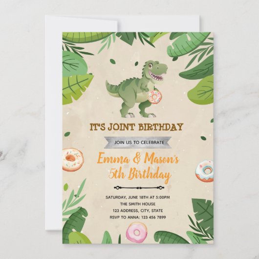 ドーナツと恐竜の誕生日の招待状 招待状 (正面)