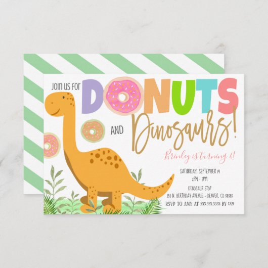 ドーナツと恐竜パーティの招待状 招待状 (正面/裏面)