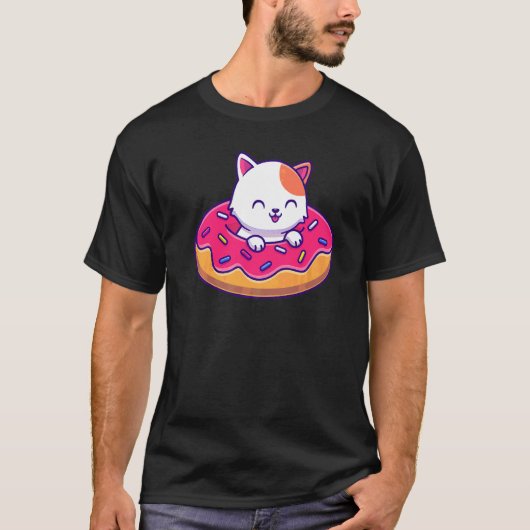 ドーナツに乗ったかわいい猫 Tシャツ (正面)