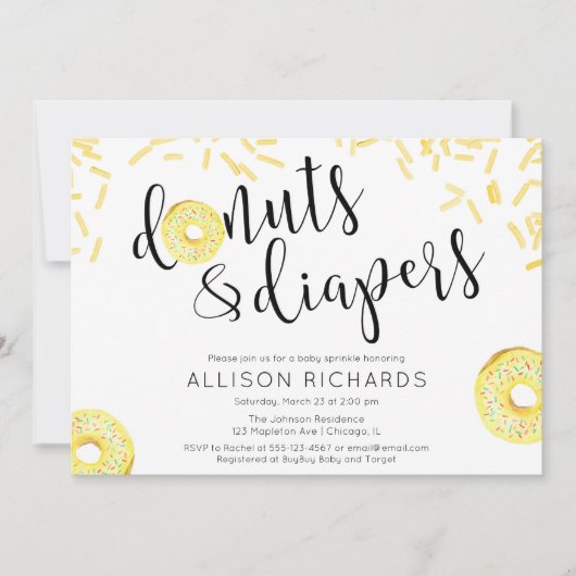 ドーナツのおむつの男女兼用で黄色いベビーは振りかけます 招待状 (正面)