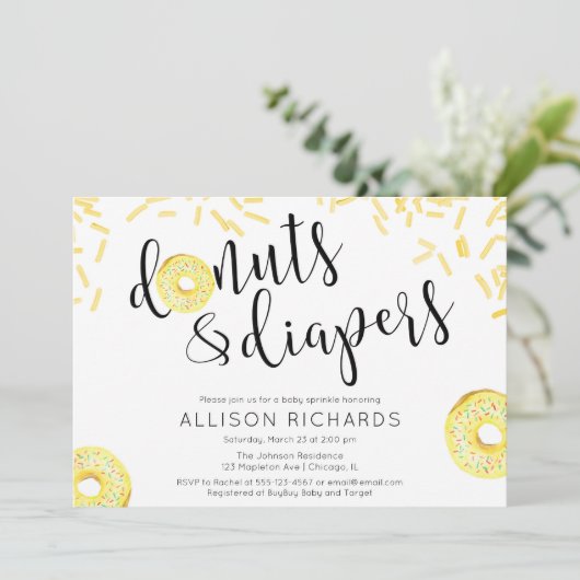 ドーナツのおむつの男女兼用で黄色いベビーは振りかけます 招待状 (スタンド正面)