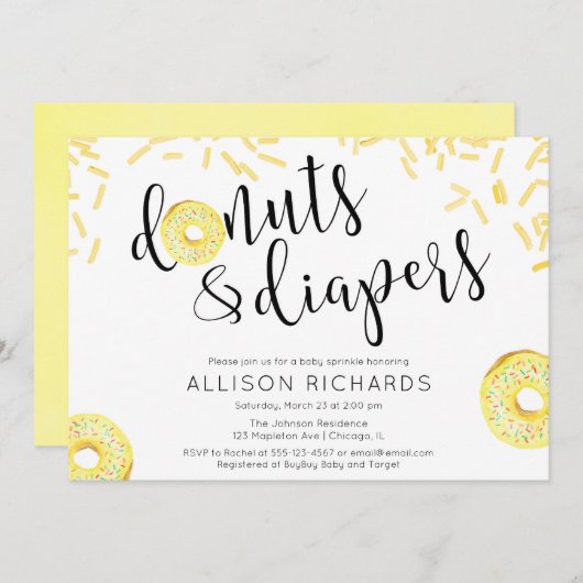ドーナツのおむつの男女兼用で黄色いベビーは振りかけます 招待状 (正面/裏面)