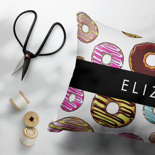 ドーナツのパターカラフルン、ドーナツ、あなたの名前 アクセントクッション