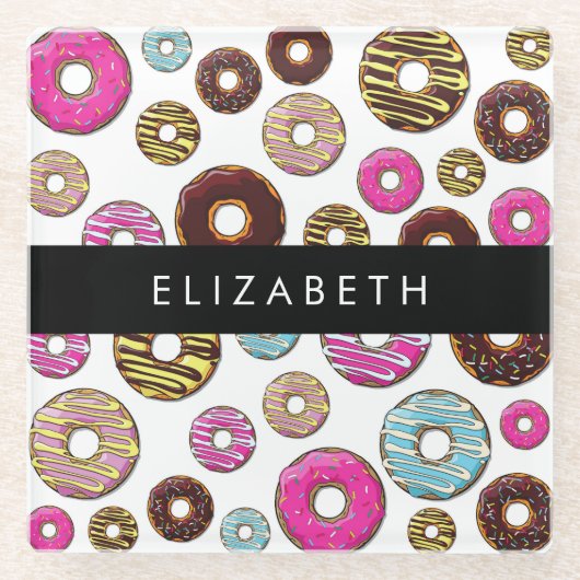 ドーナツのパターカラフルン、ドーナツ、あなたの名前 ガラスコースター (正面)