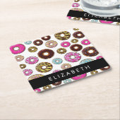 ドーナツのパターカラフルン、ドーナツ、あなたの名前 スクエアペーパーコースター (アングル)