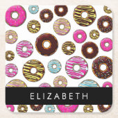 ドーナツのパターカラフルン、ドーナツ、あなたの名前 スクエアペーパーコースター (正面)