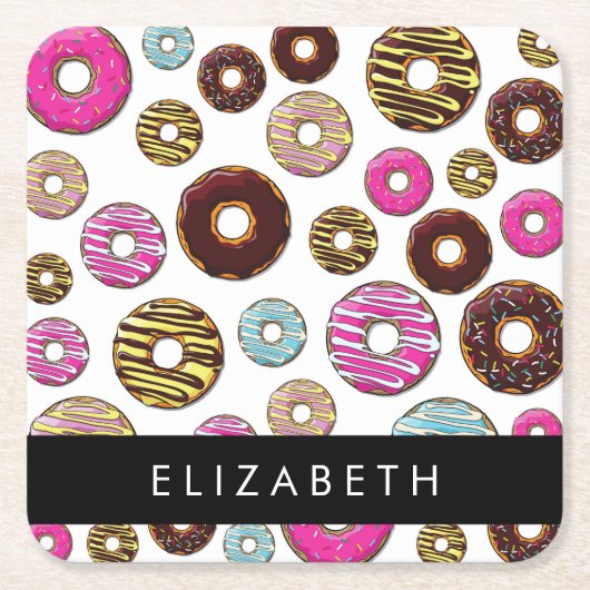 ドーナツのパターカラフルン、ドーナツ、あなたの名前 スクエアペーパーコースター (正面)