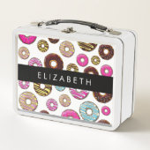 ドーナツのパターカラフルン、ドーナツ、あなたの名前 メタルランチボックス (正面)