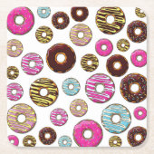 ドーナツのパターン，カラフルドーナツ，振りかける スクエアペーパーコースター (正面)