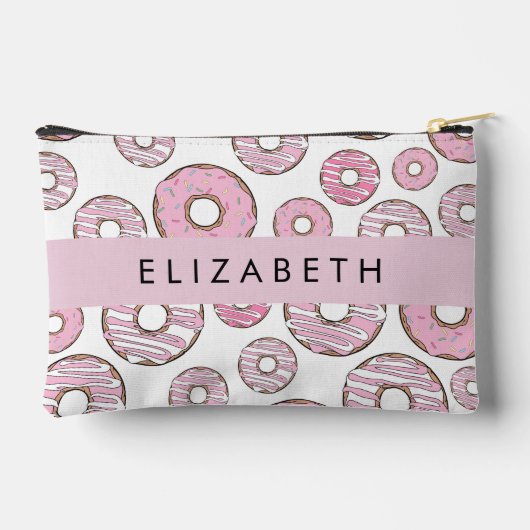 ドーナツのパターン，ピンクのドーナツ，アイシング，あなたの名前 アクセサリーポーチ (裏面)