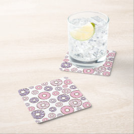 ドーナツのパターン，ピンクのドーナツ，紫色のドーナツ スクエアペーパーコースター