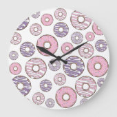 ドーナツのパターン,ピンクのドーナツ,紫色のドーナツ ラージ壁時計 (正面)