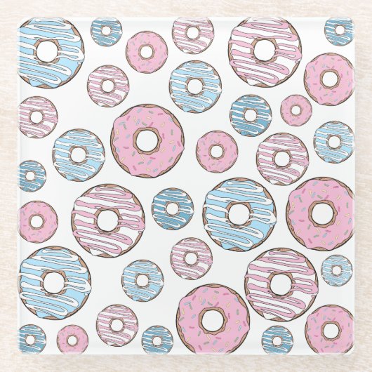 ドーナツのパターン，ピンクのドーナツ，青のドーナツ ガラスコースター (正面)