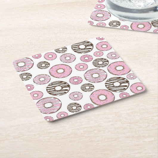 ドーナツのパターン，ピンクドーナツ，ホワイトドーナツ スクエアペーパーコースター (アングル)