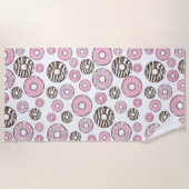 ドーナツのパターン，ピンクドーナツ，ホワイトドーナツ ビーチタオル (正面)