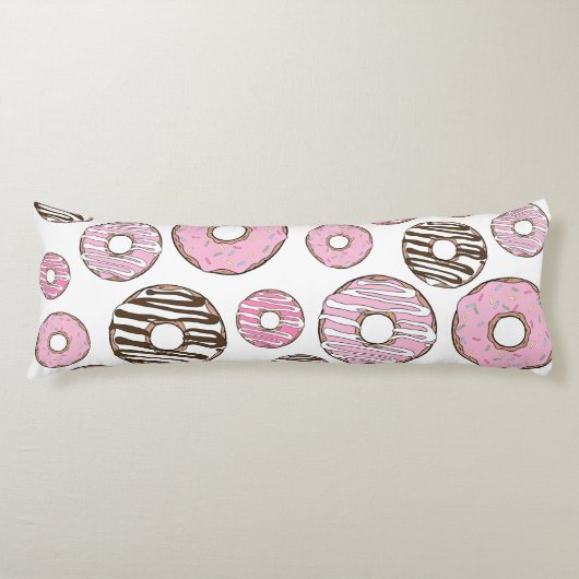 ドーナツのパターン，ピンクドーナツ，ホワイトドーナツ ボディピロー (正面)