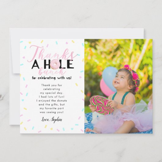 ドーナツの山の感謝パーティー写真 サンキューカード (正面)