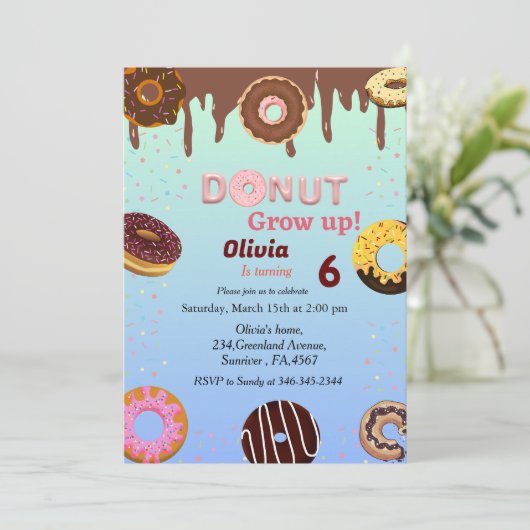 ドーナツの成長、女の子の誕生日パーティーテーマ 招待状 (スタンド正面)